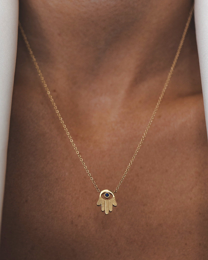 Hamsa Gold Necklace With Eye and Sapphire