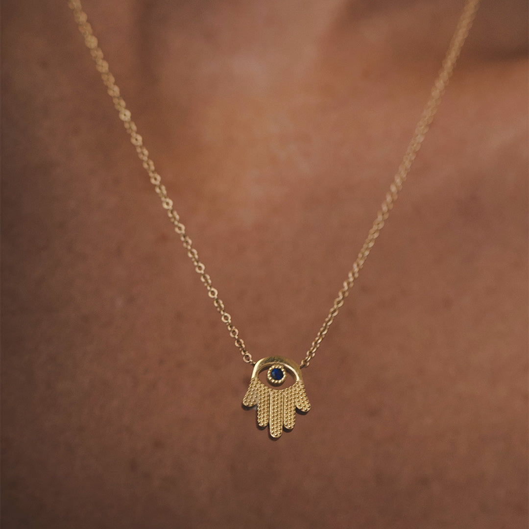 Hamsa Gold Necklace With Eye and Sapphire