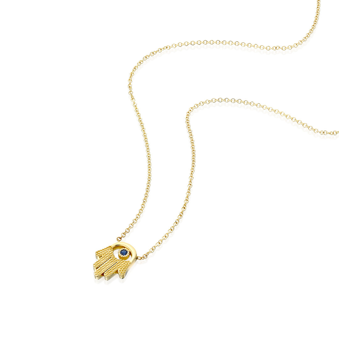 Hamsa Gold Necklace With Eye and Sapphire