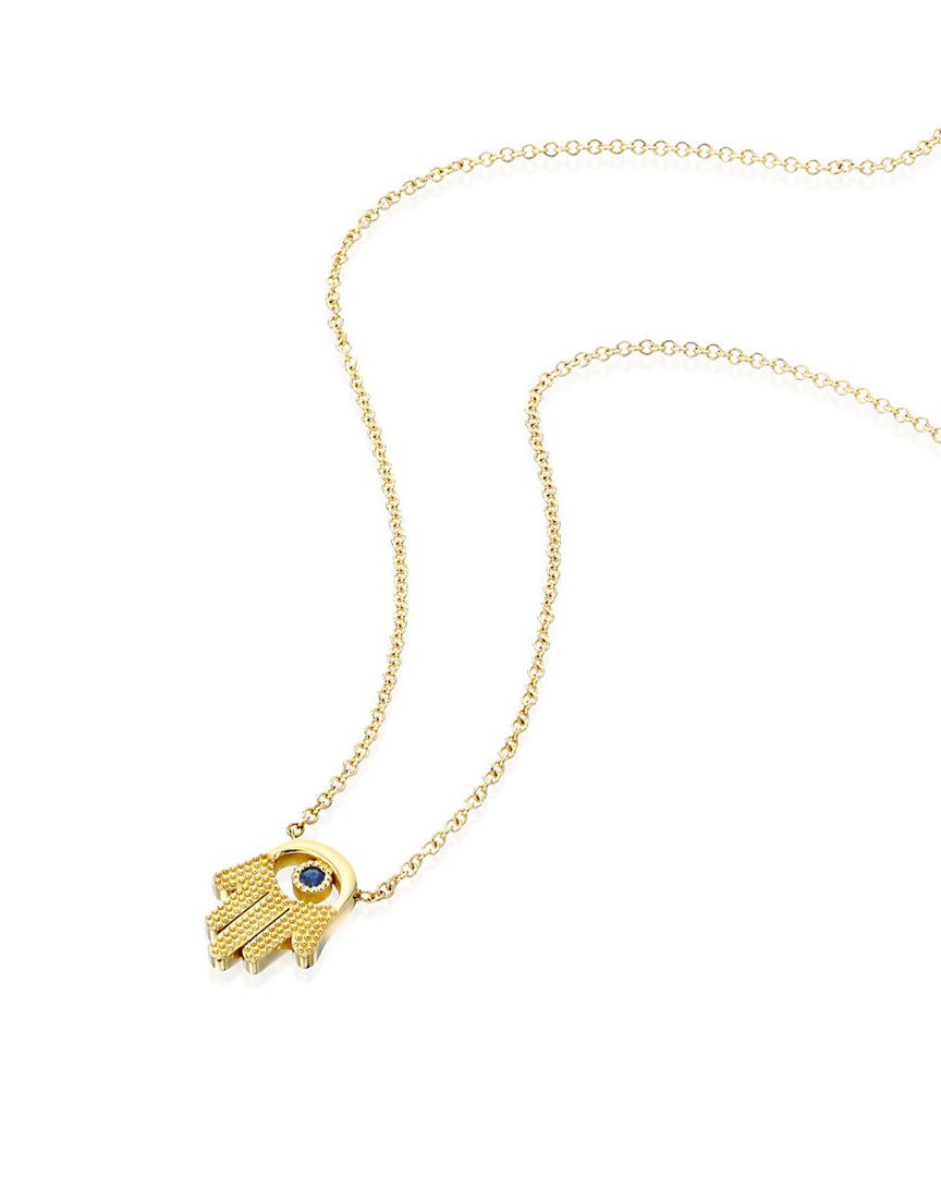 Hamsa Gold Necklace With Eye and Sapphire
