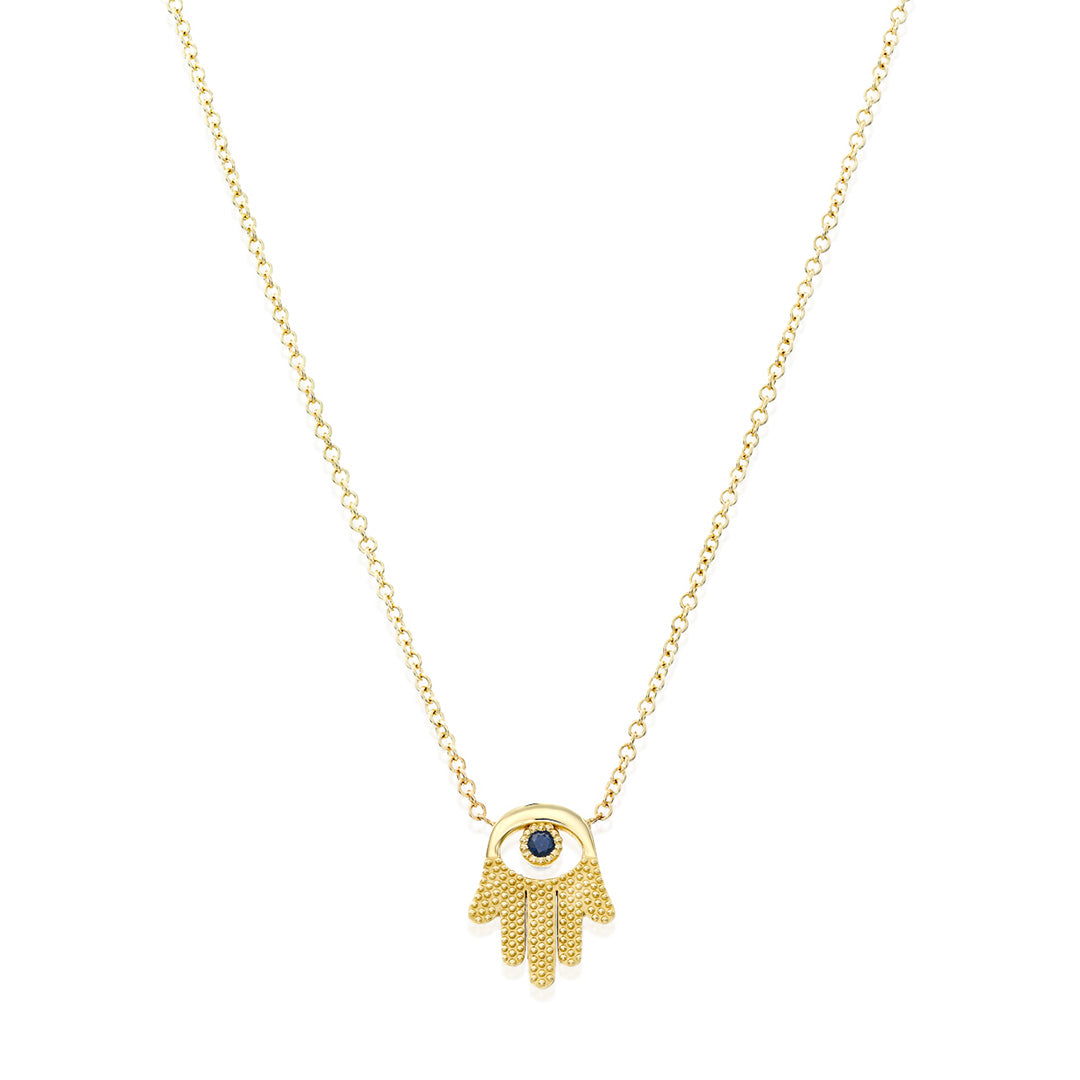 Hamsa Gold Necklace With Eye and Sapphire