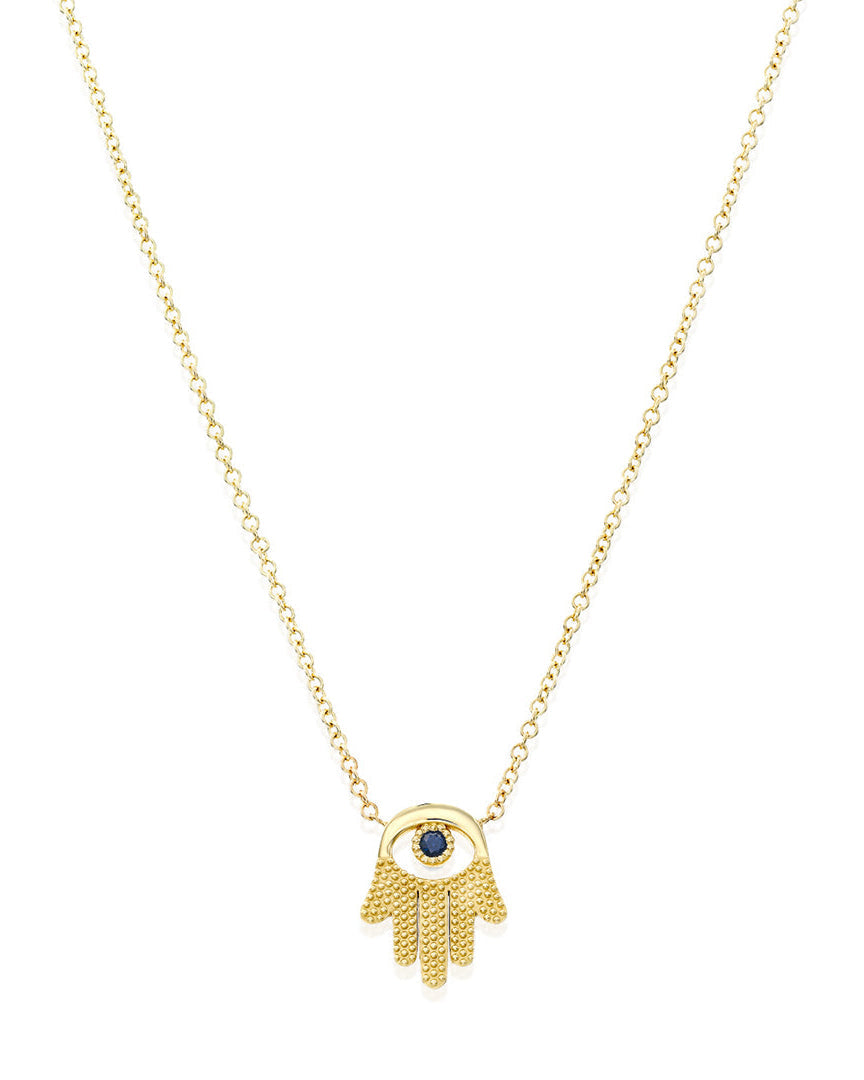 Hamsa Gold Necklace With Eye and Sapphire