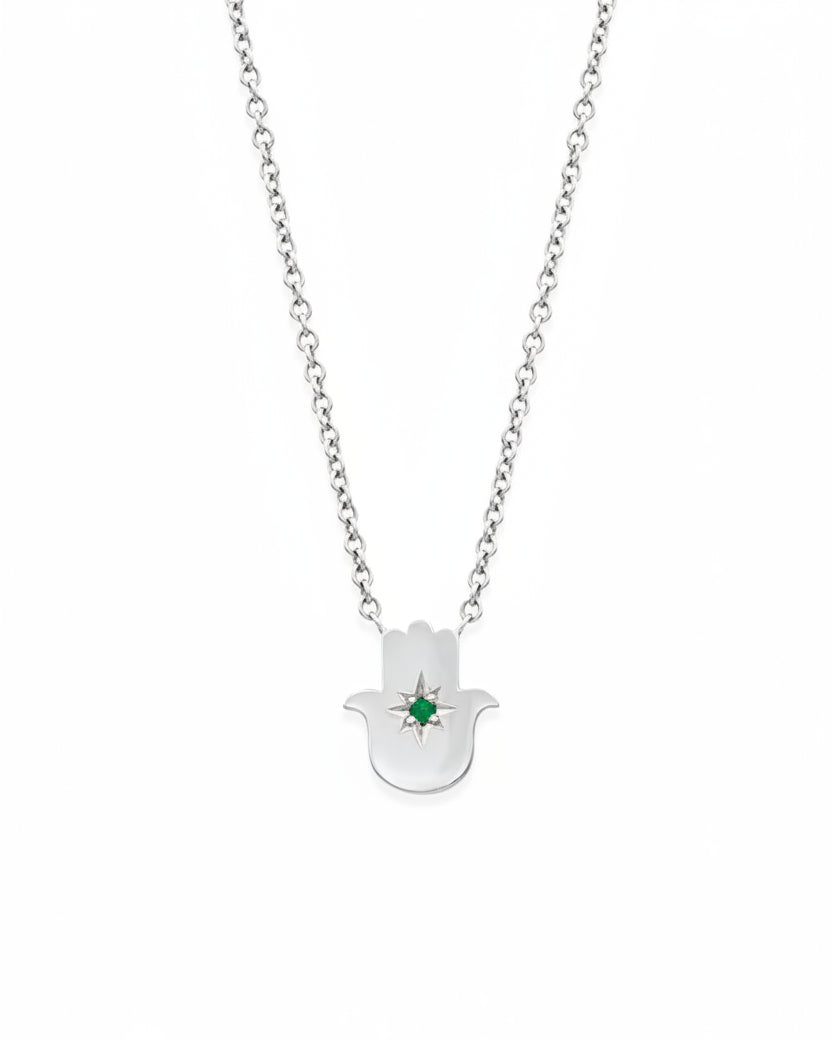 Floating Hamsa gold necklace with Emerald