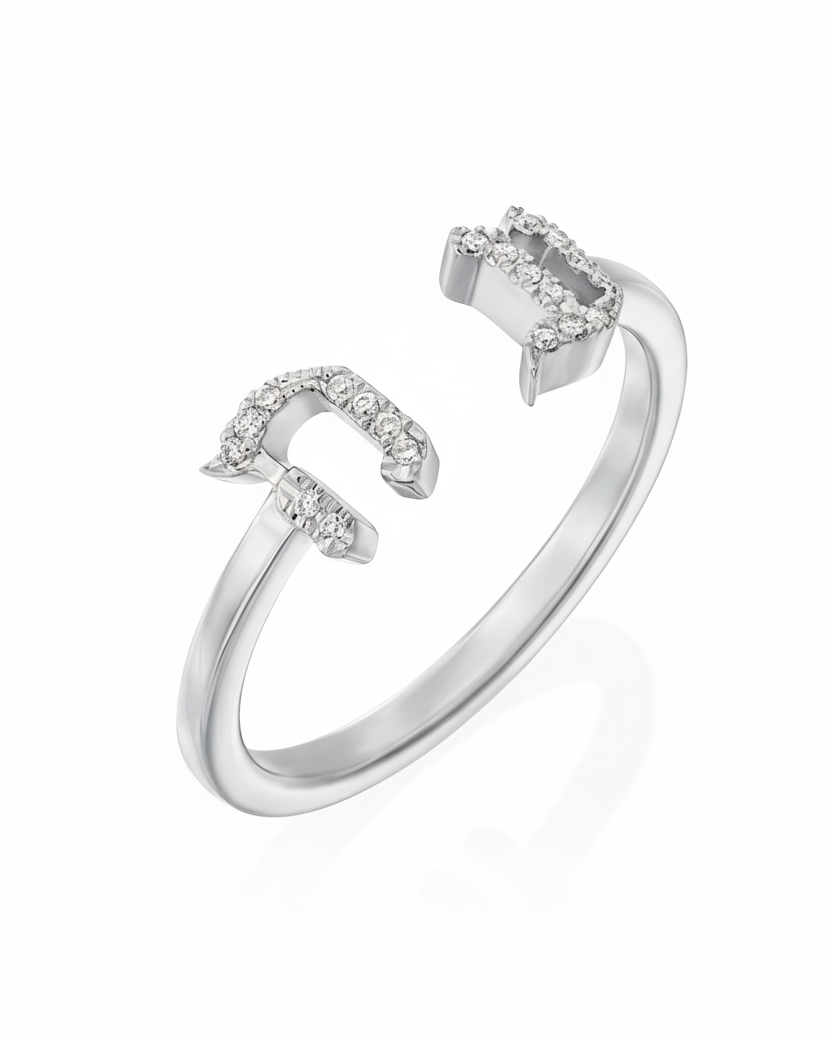 Open Encrusted Aleph-Bet Ring White Diamonds