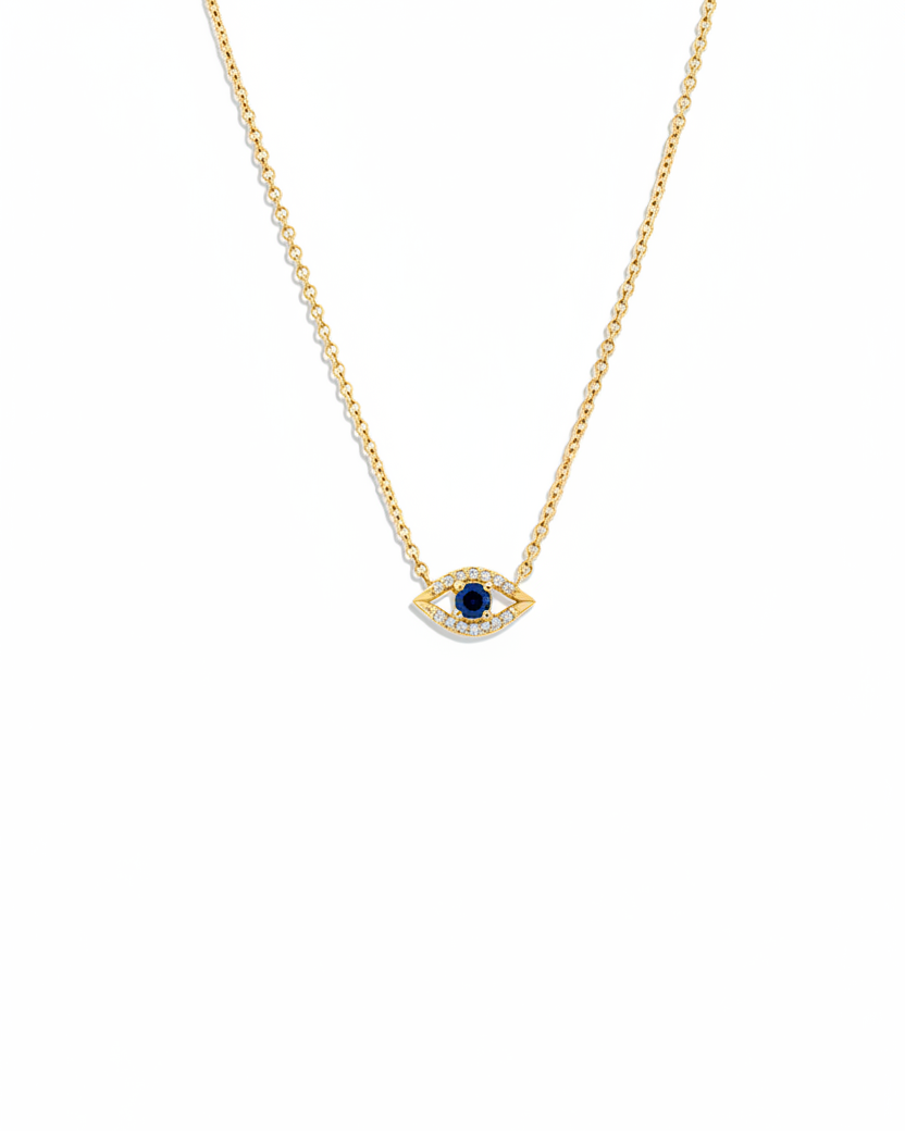 Evil Eye floating Gold Necklace Sapphire and Diamonds