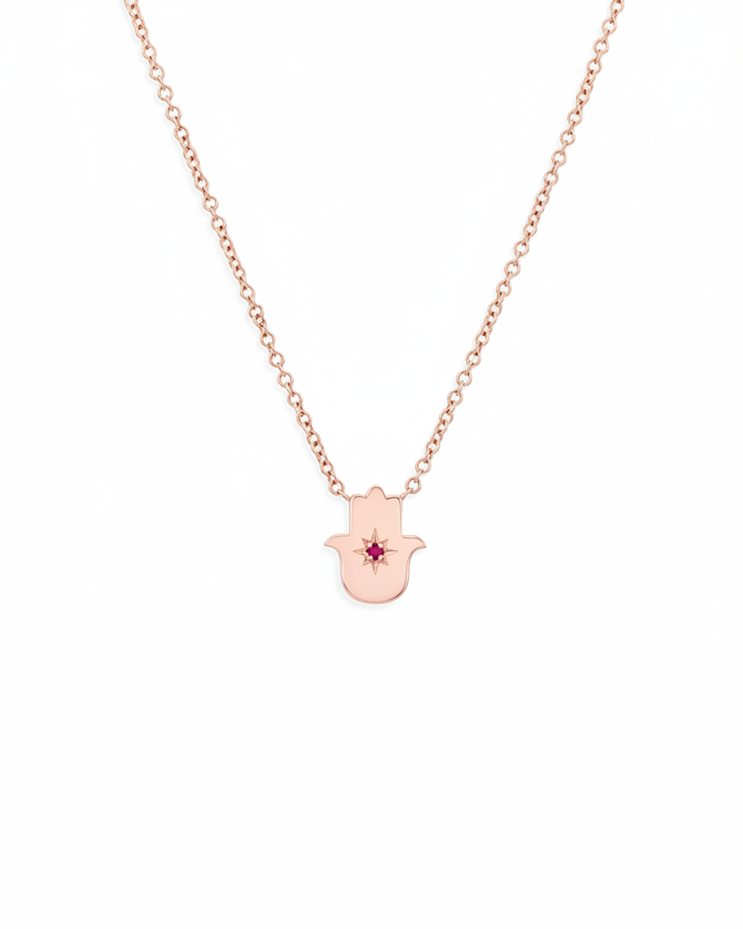 Floating Hamsa gold necklace with gem stone Ruby
