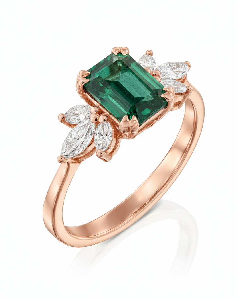 Daphne Ring With Marquise Diamonds and Emerald