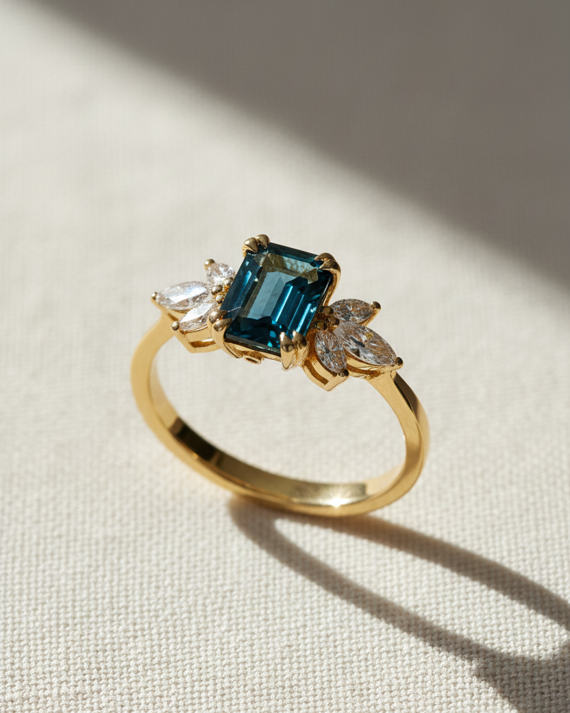 Daphne Ring With Marquise Diamonds and Blue Topaz
