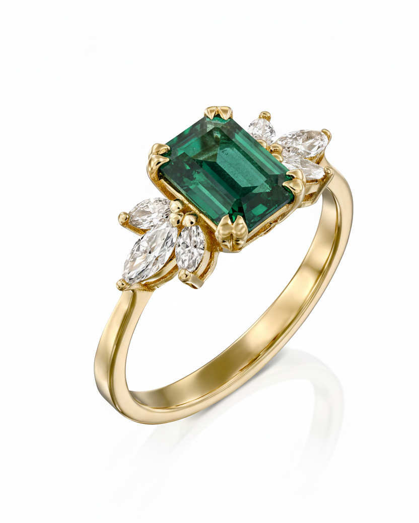 Daphne Ring With Marquise Diamonds and Emerald