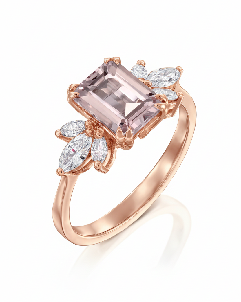 Daphne Ring With Marquise Diamonds and Morganite