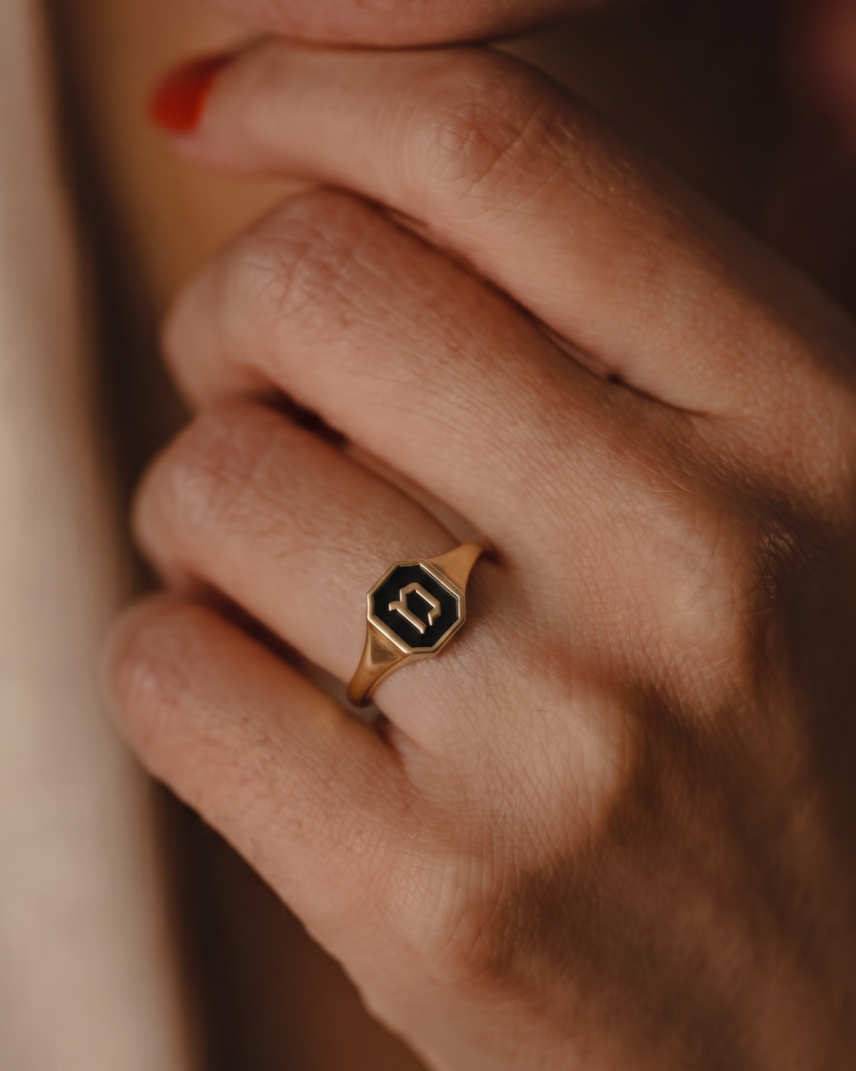 Tom Ring Signet Enamel Gold Ring - Hebrew letter