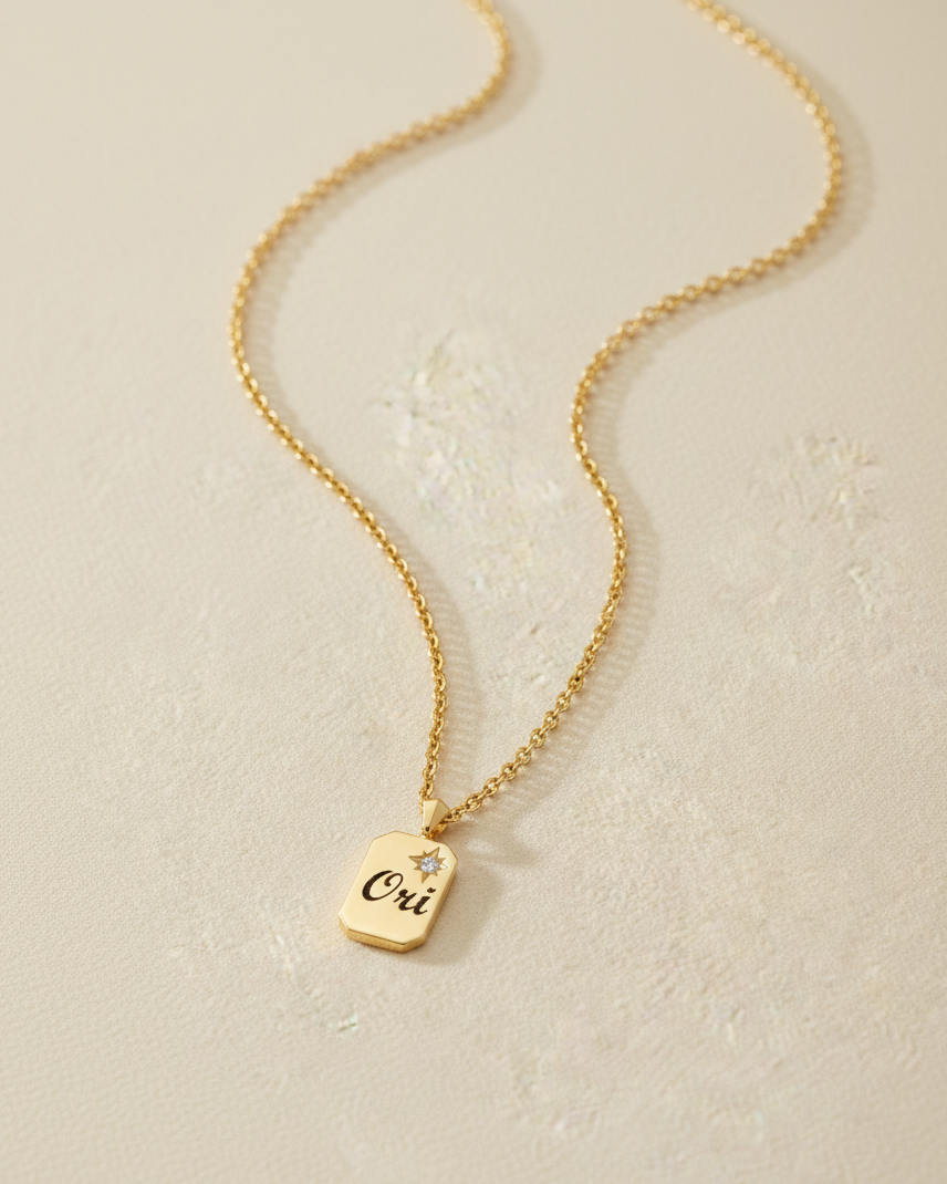 Small Tag Necklace with Diamond & Engraving
