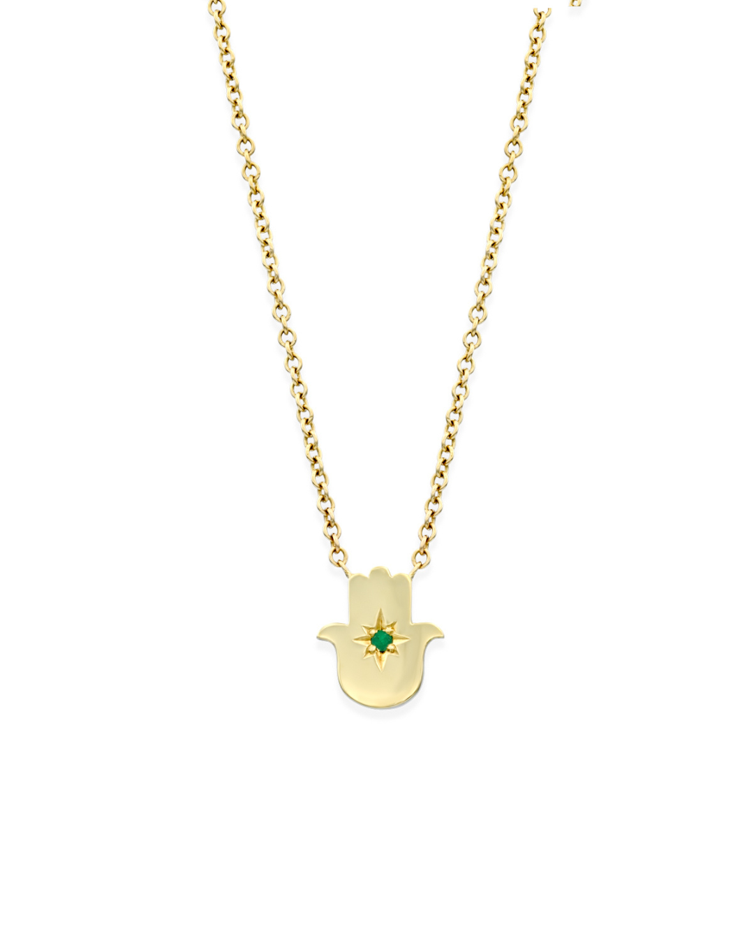 Floating Hamsa gold necklace with Emerald