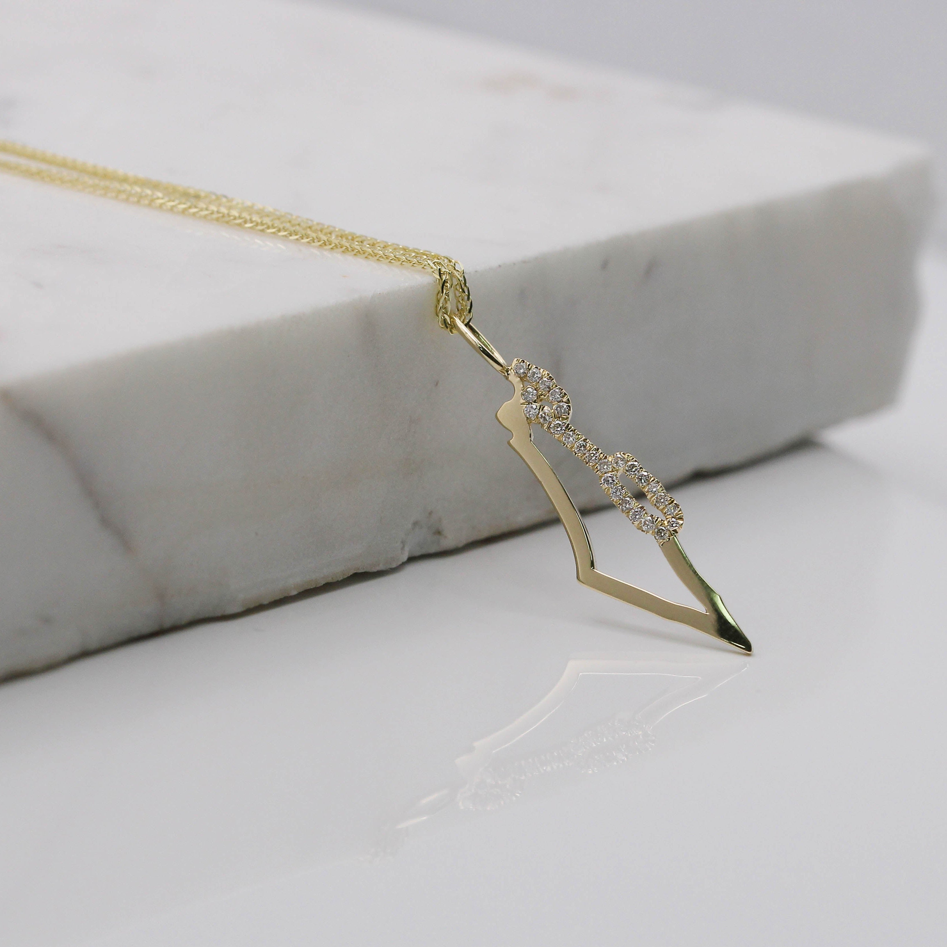 Israel Frame Gold Necklace With White Diamonds On the Sea Line