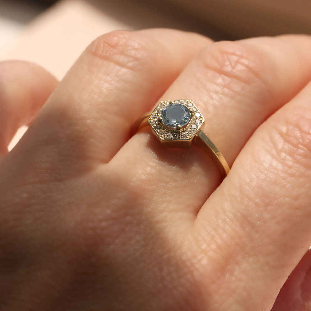 hexagon shaped ring with aquamarine