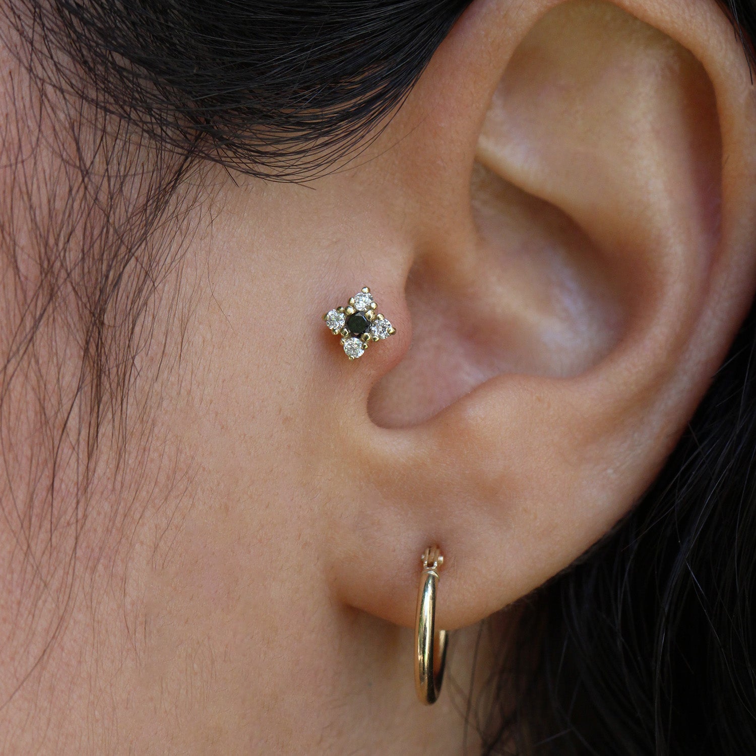 Mini Eliana Piercing Earring With Black and White Diamonds