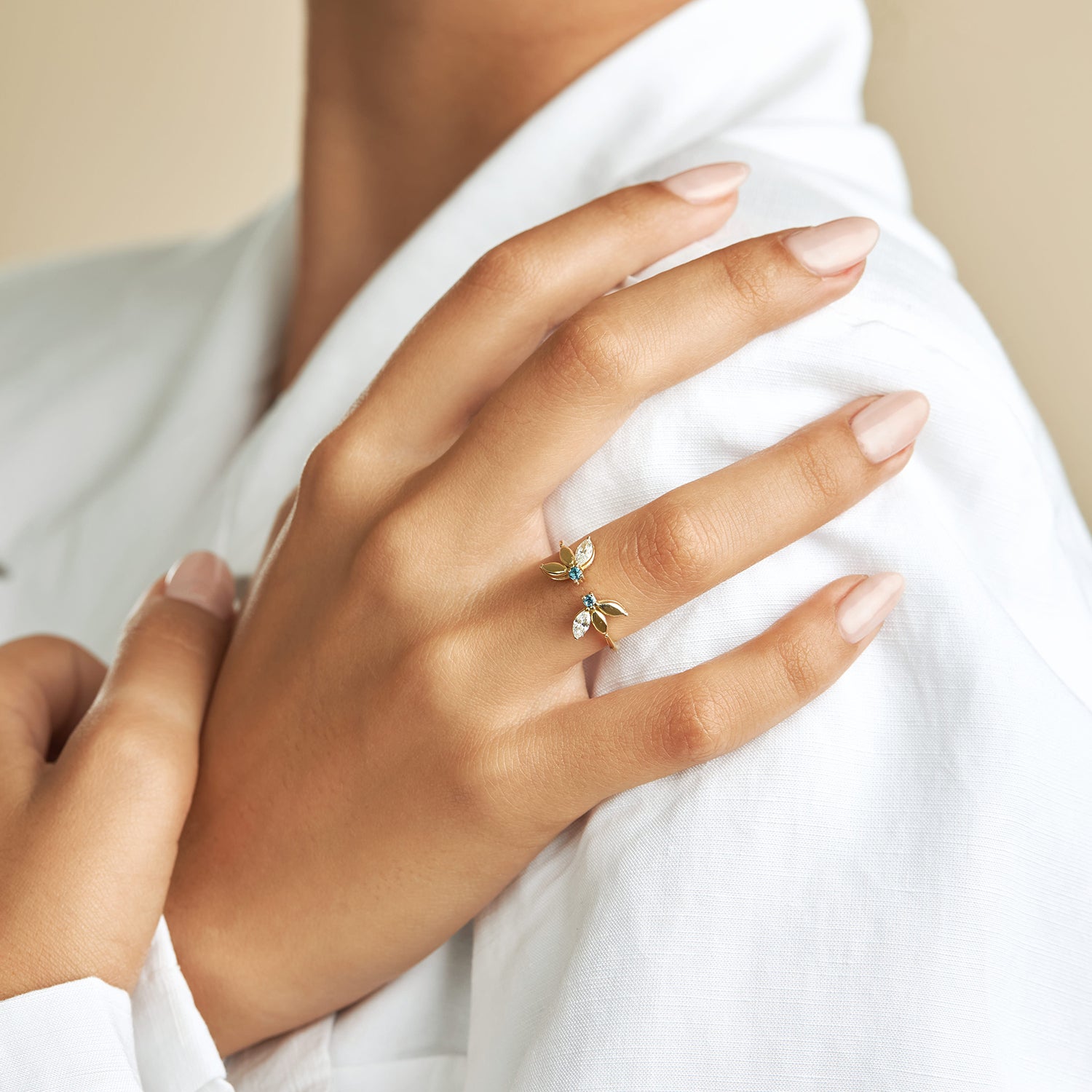 Enlarged Jeanne Bécu Open Gold Ring With Diamonds & Blue Topaz