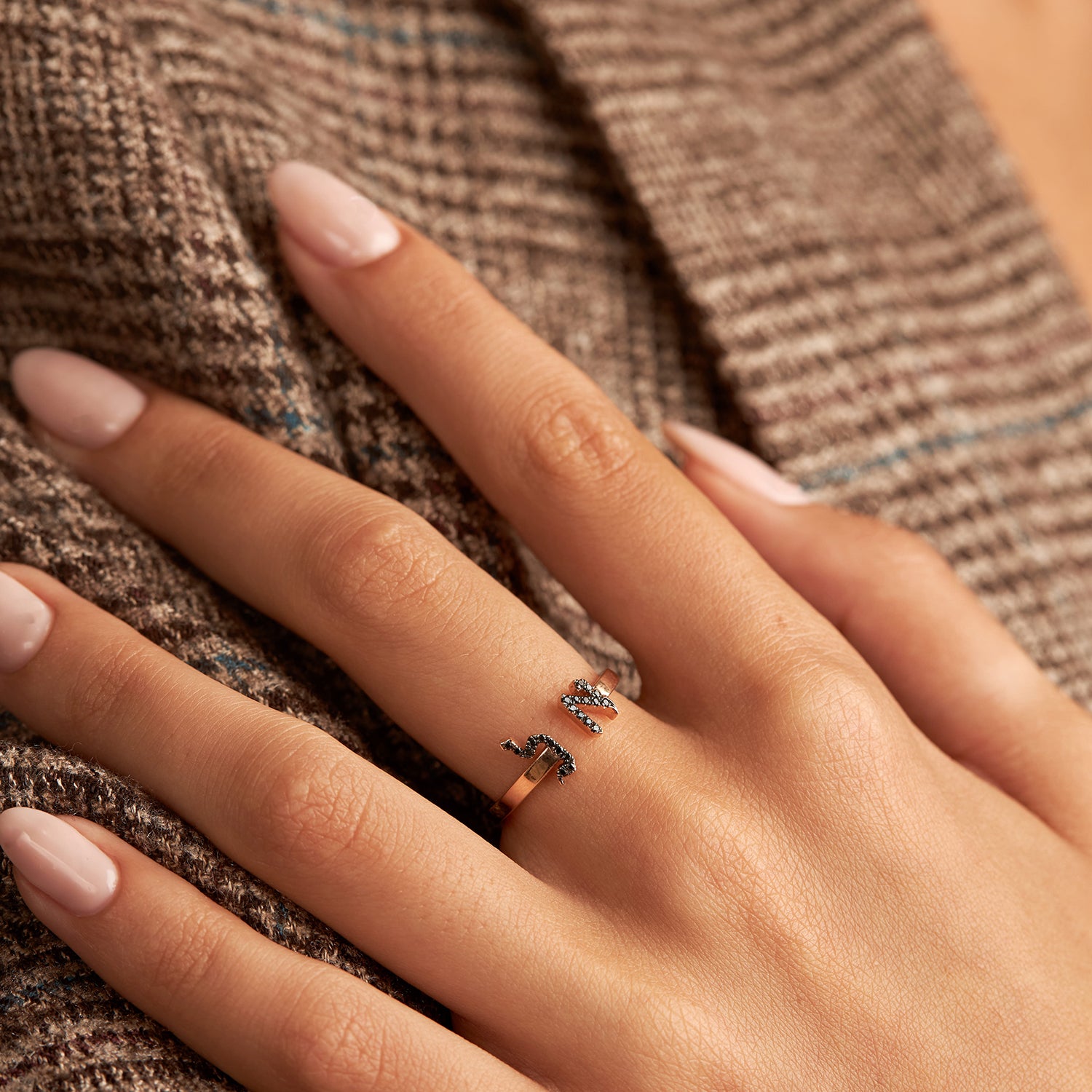 Open Encrusted Aleph-Bet Ring Black Diamonds