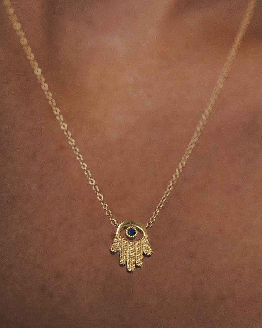 Hamsa Gold Necklace With Eye and Sapphire