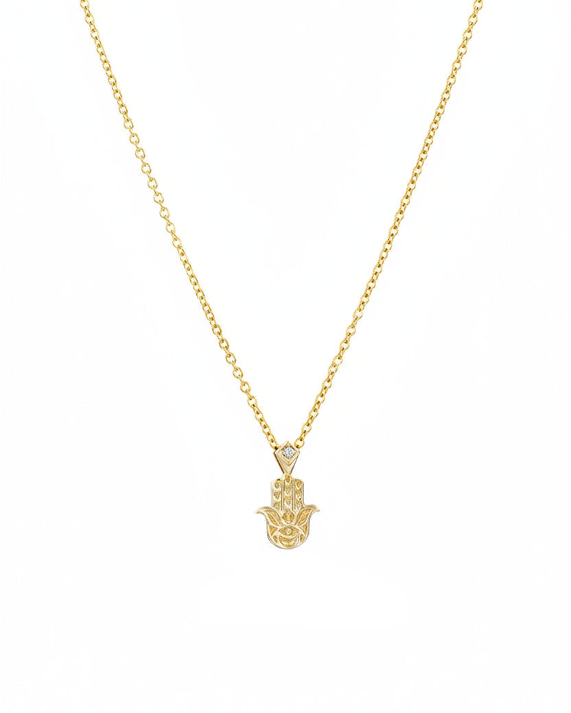 Hamsa Gold Engraved Necklace Diamond