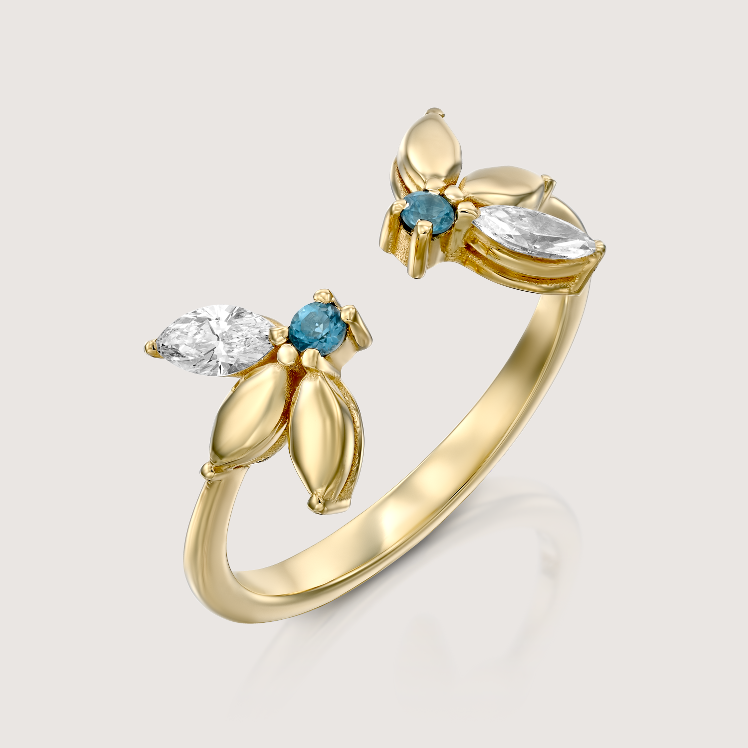 Enlarged Jeanne Bécu Open Gold Ring With Diamonds & Blue Topaz