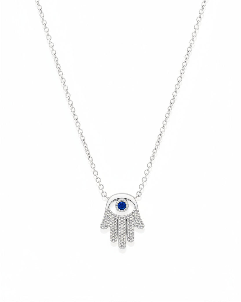 Hamsa Gold Necklace With Eye and Sapphire