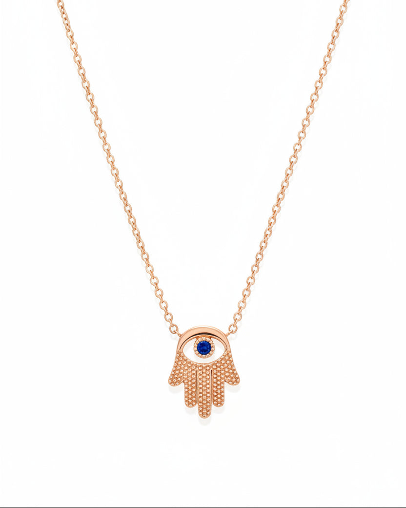 Hamsa Gold Necklace With Eye and Sapphire