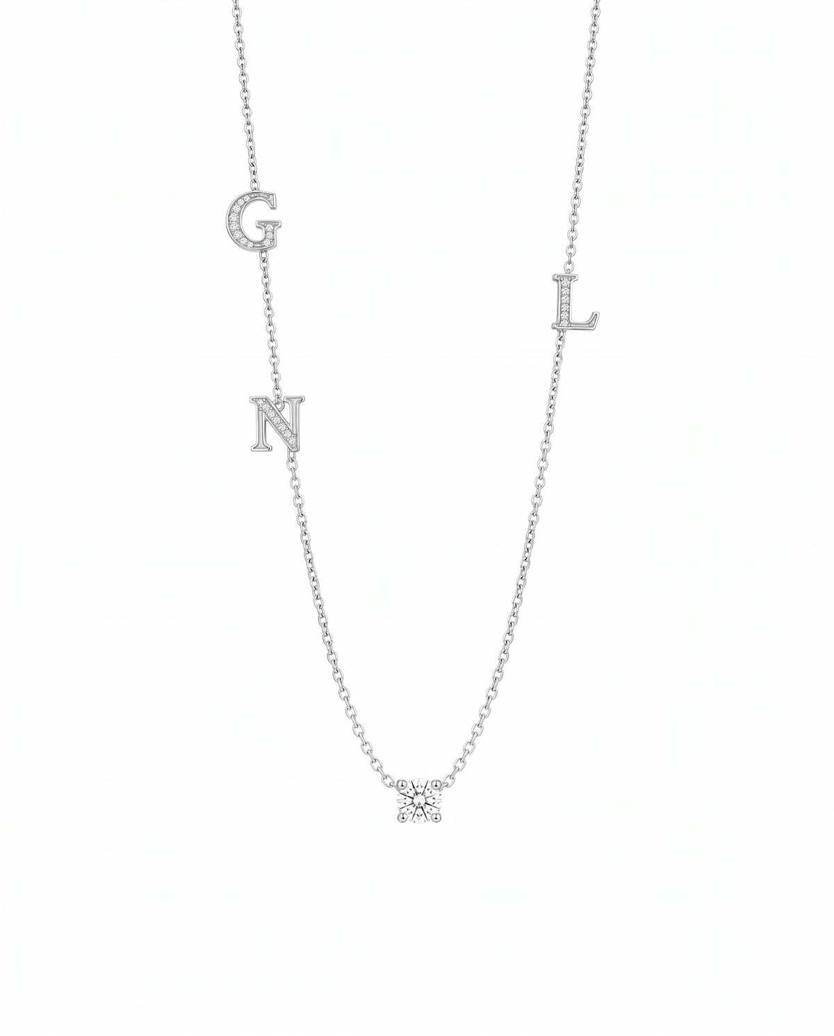 Half Set Letter Necklace with Diamond Pendant - White Gold