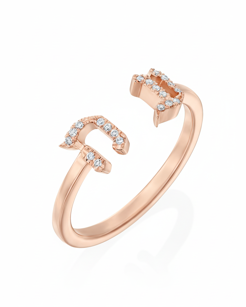 Open Encrusted Aleph-Bet Ring White Diamonds