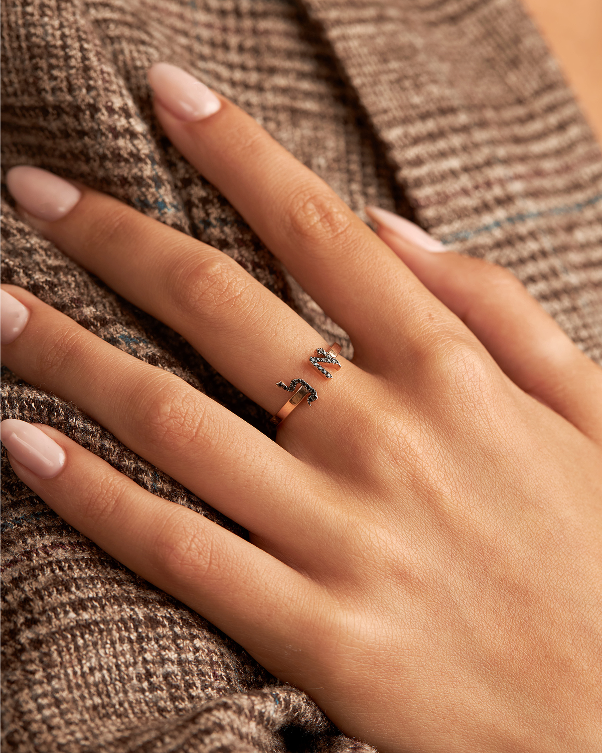 Open Encrusted Aleph-Bet Ring Black Diamonds