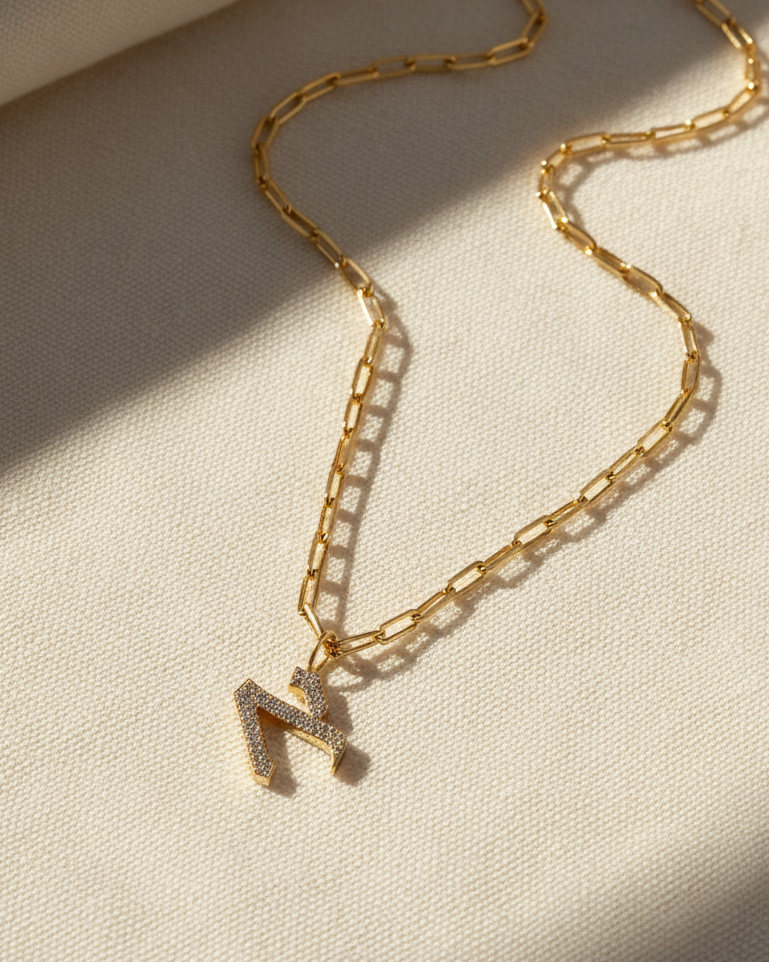 Gold Staples Necklace Large Aleph-Bet Encrusted Pendant
