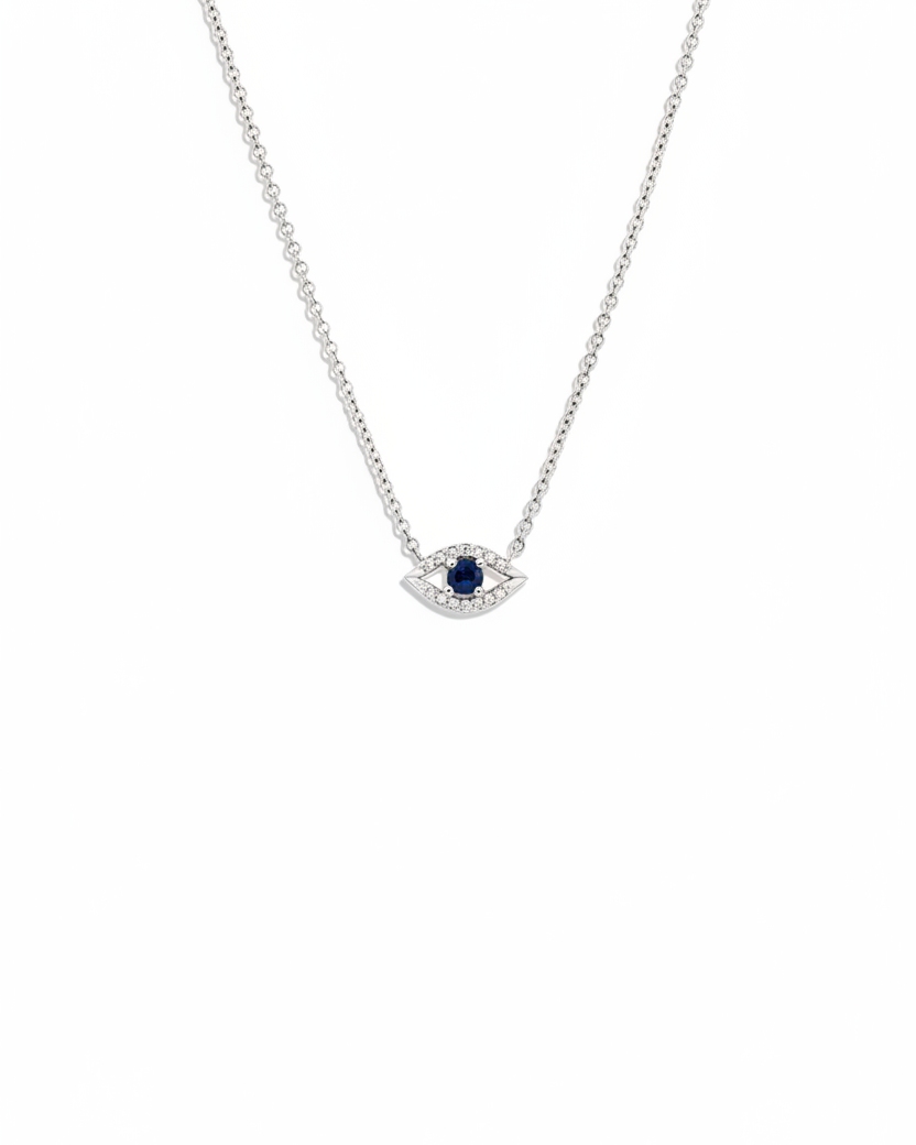 Evil Eye floating Gold Necklace Sapphire and Diamonds