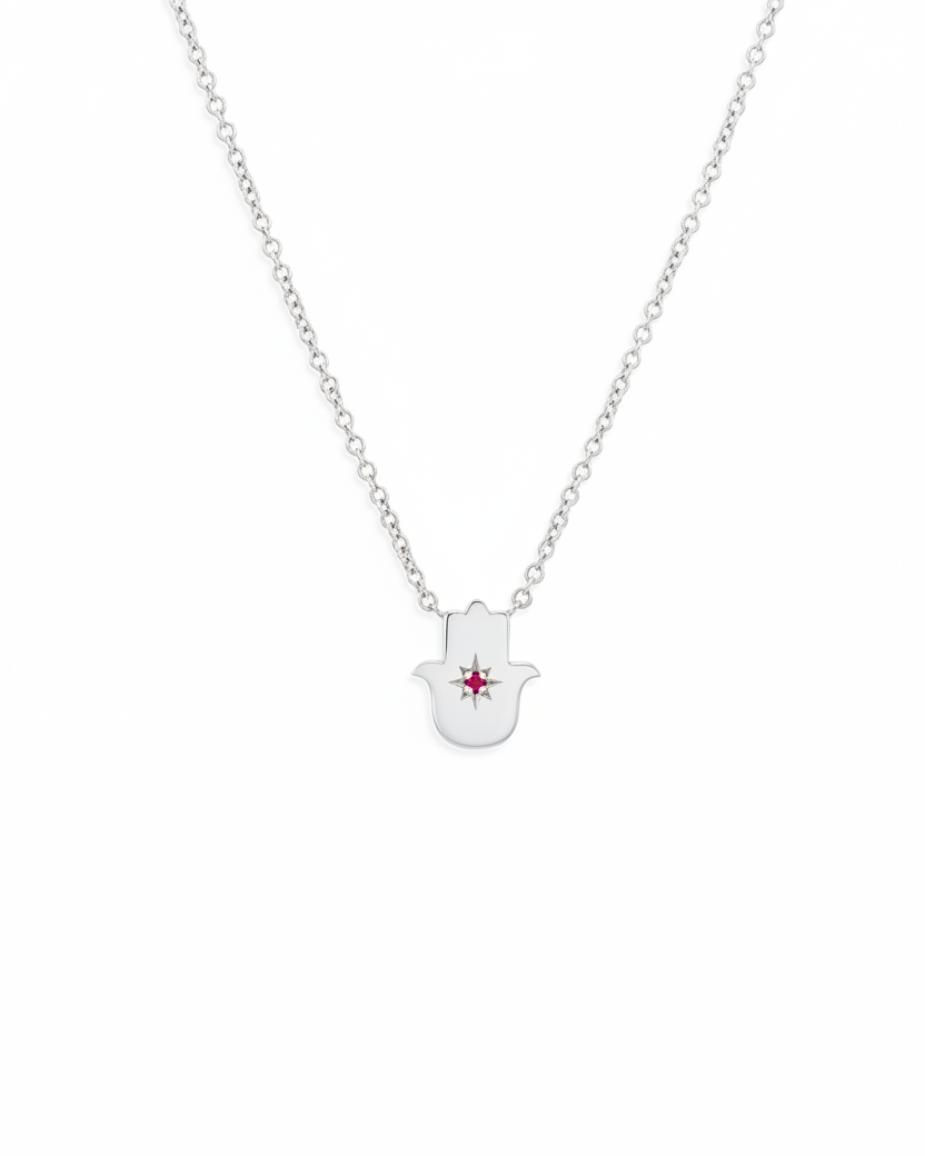 Floating Hamsa gold necklace with gem stone Ruby