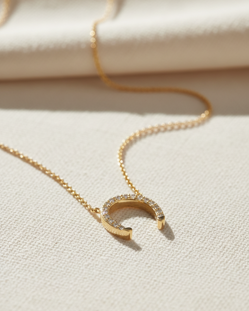 Large Horseshoe Gold Necklace White Diamond