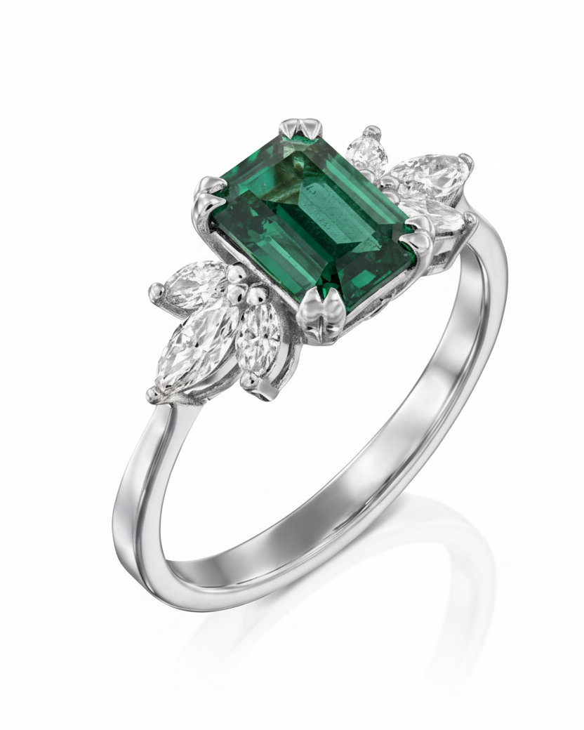 Daphne Ring With Marquise Diamonds and Emerald