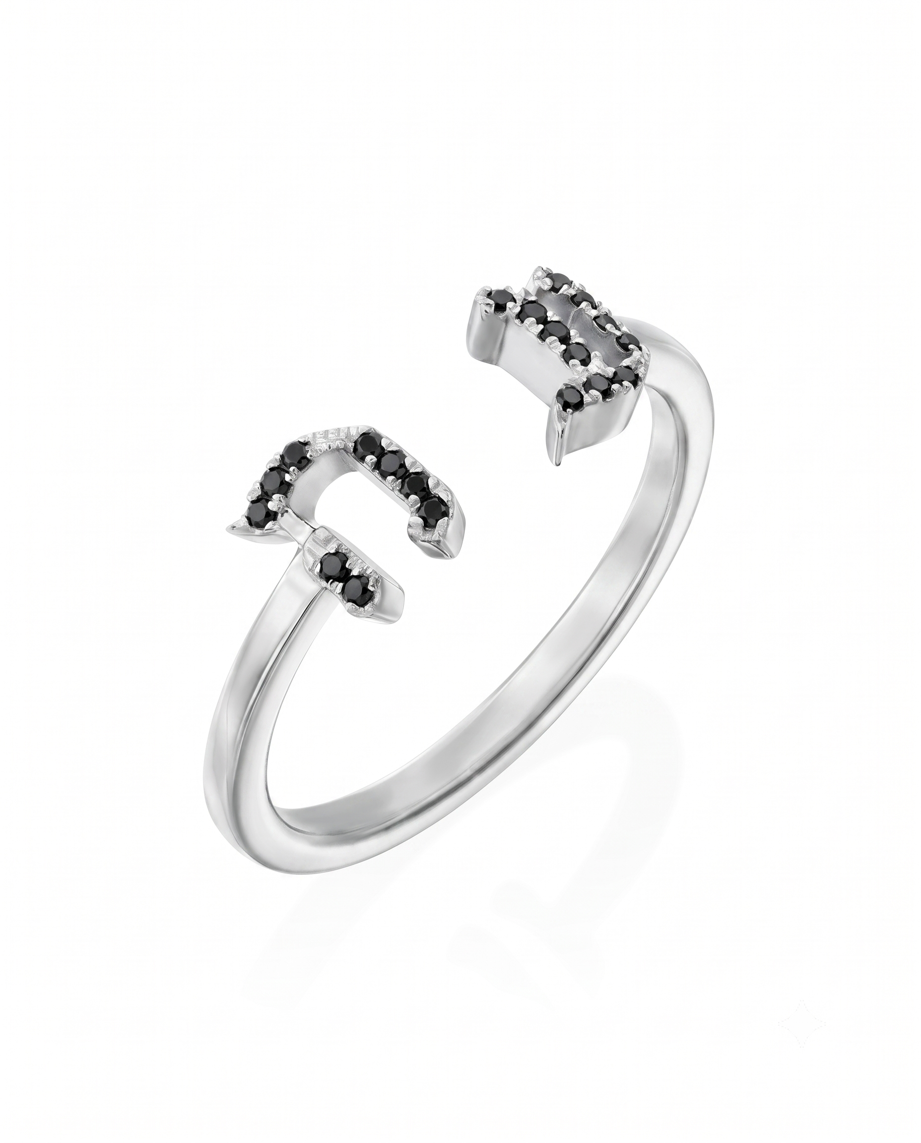 Open Encrusted Aleph-Bet Ring Black Diamonds