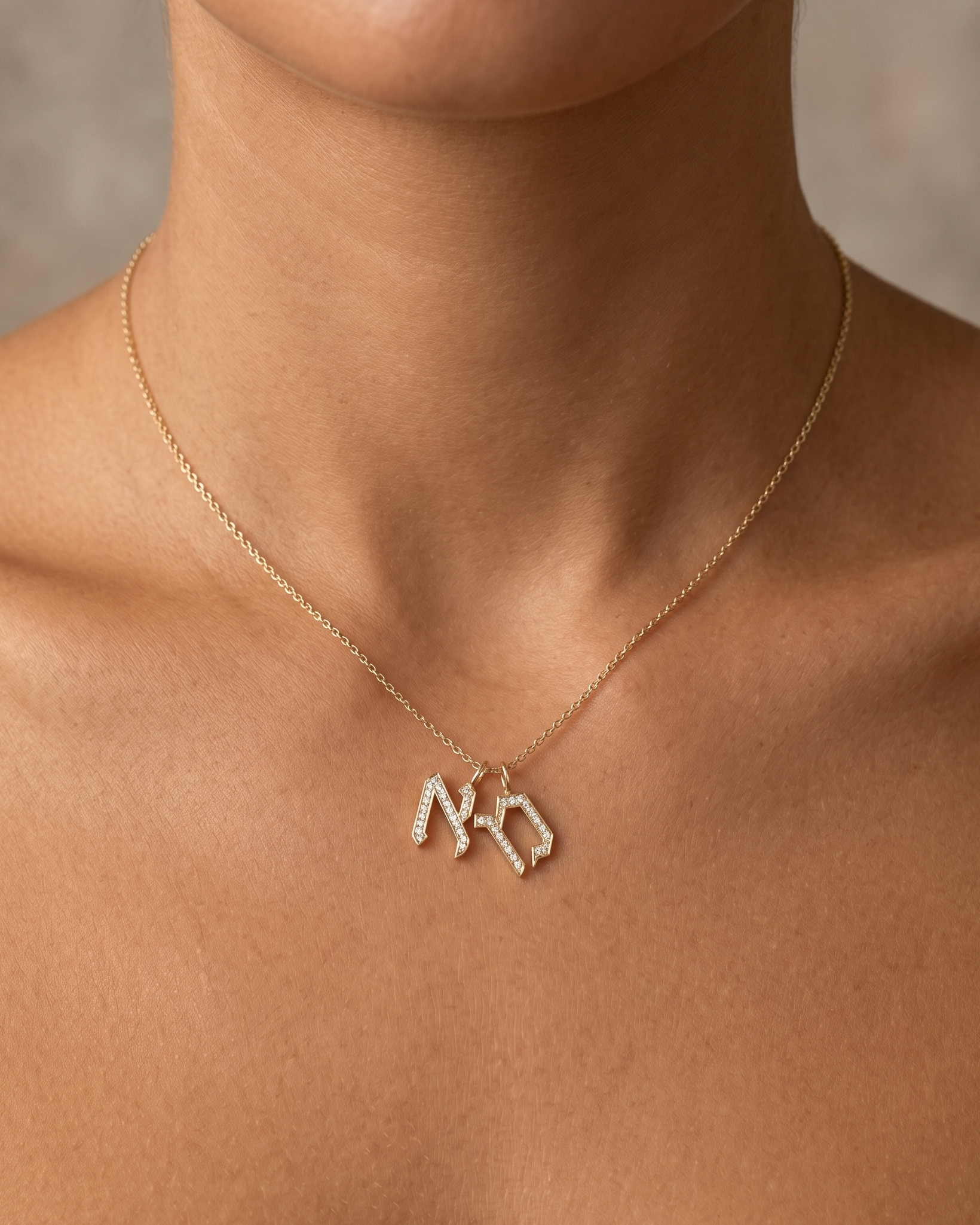 Letter Necklace - two Small Aleph-Bet Encrusted Pendants