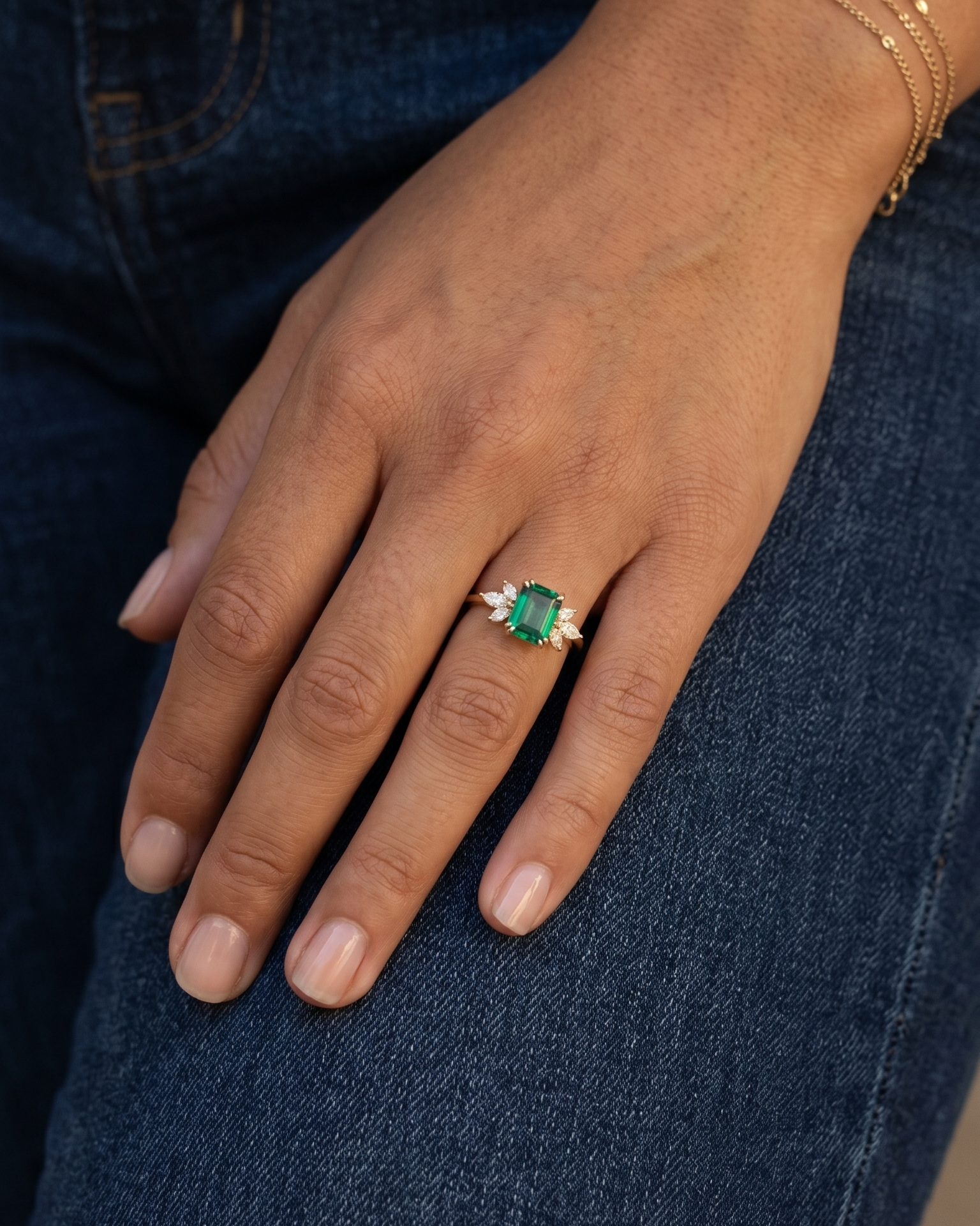 Daphne Ring With Marquise Diamonds and Emerald