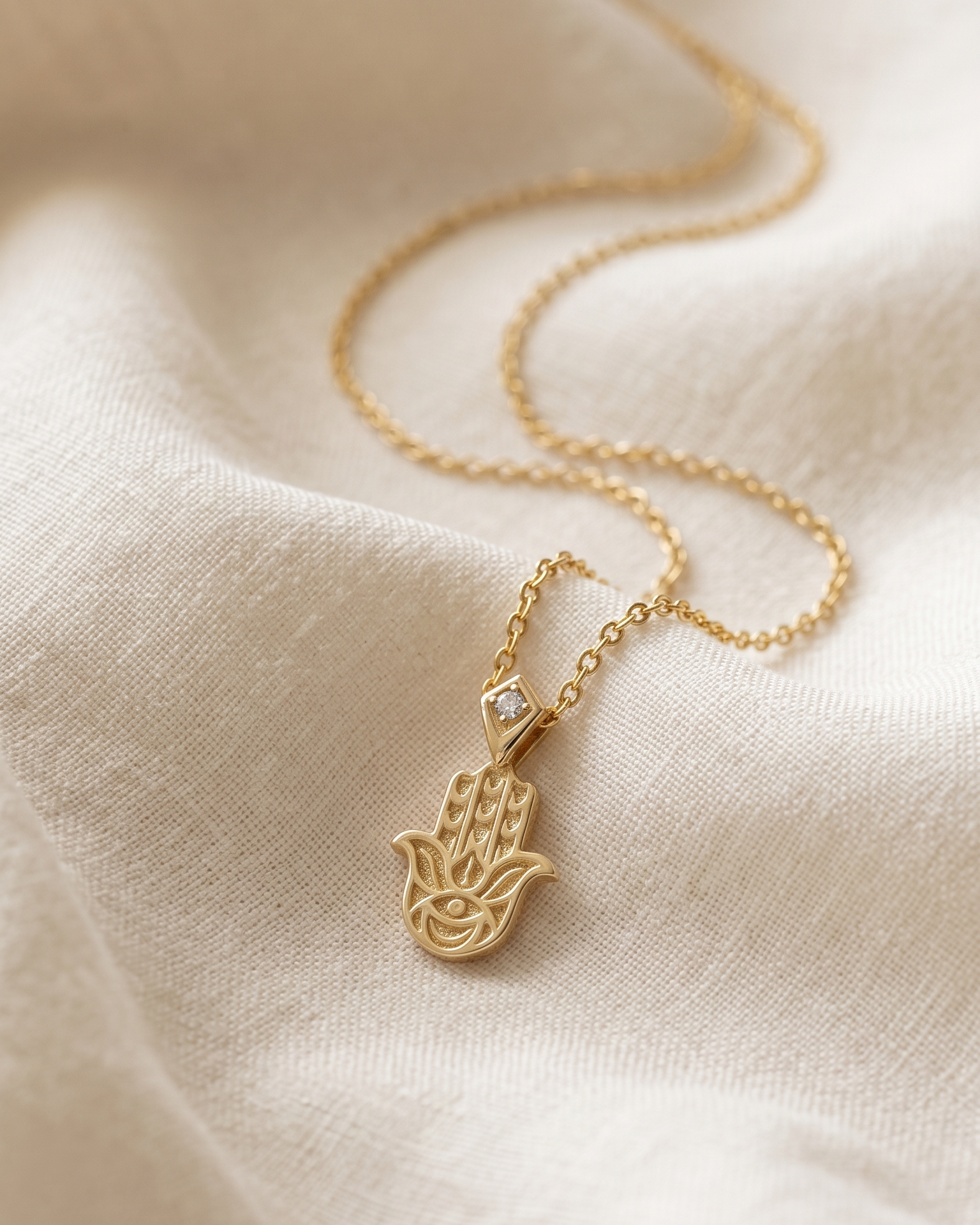 Hamsa Gold Engraved Necklace Diamond