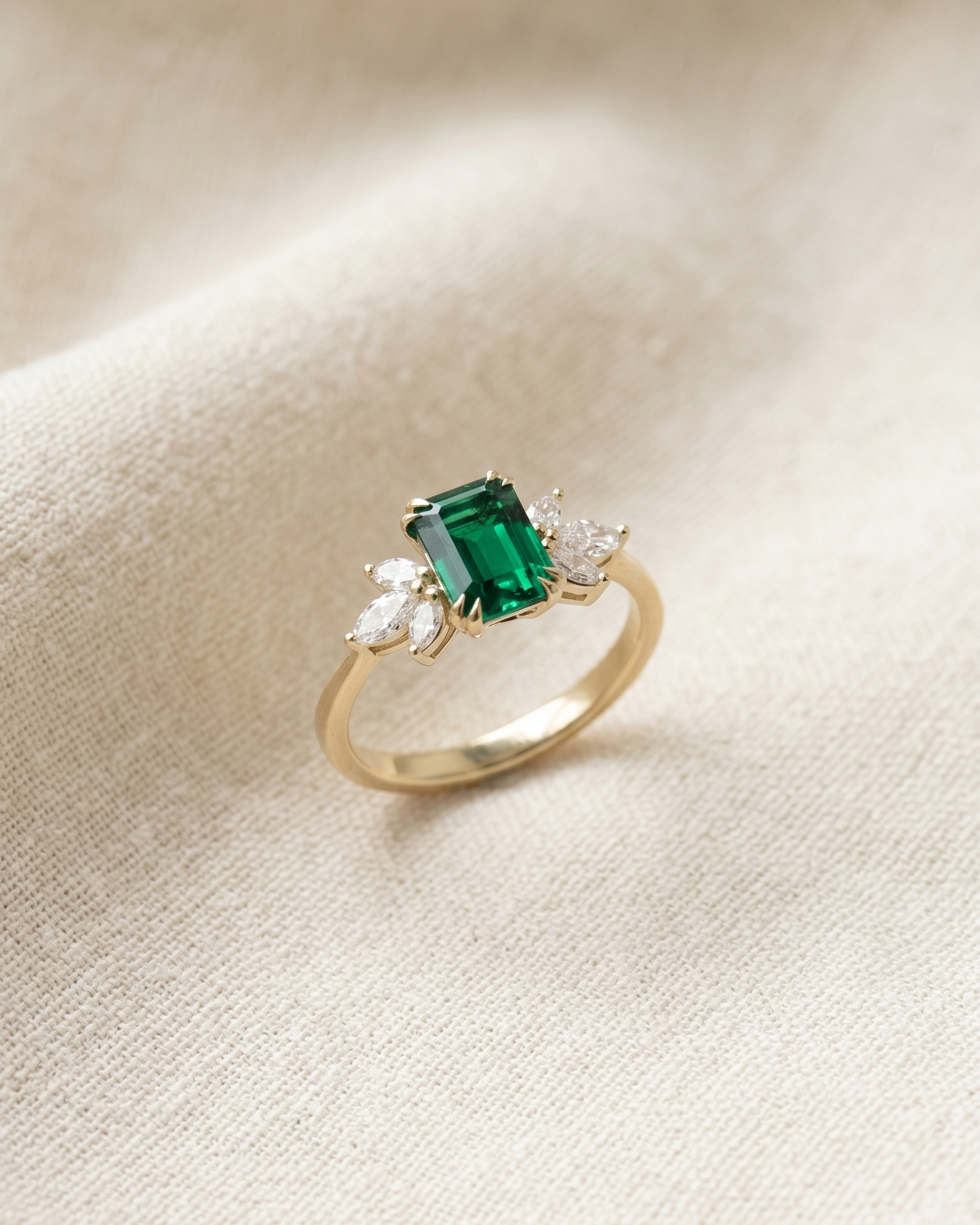 Daphne Ring With Marquise Diamonds and Emerald