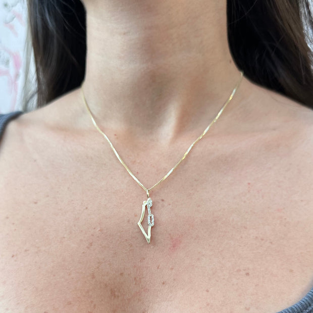 Israel Frame Gold Necklace With White Diamonds On the Sea Line