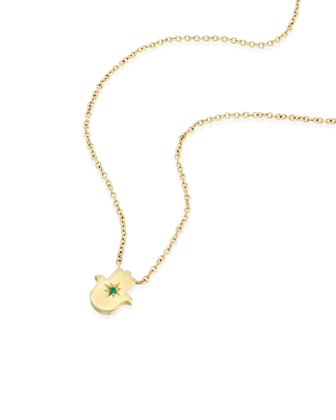 Floating Hamsa gold necklace with Emerald