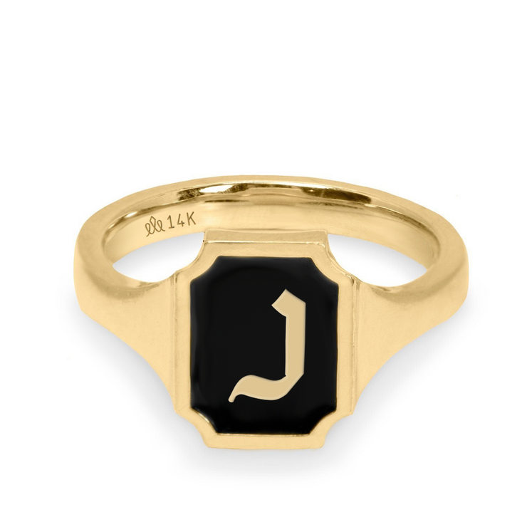 Tom Ring Signet Enamel Gold Ring - Letter "נ"