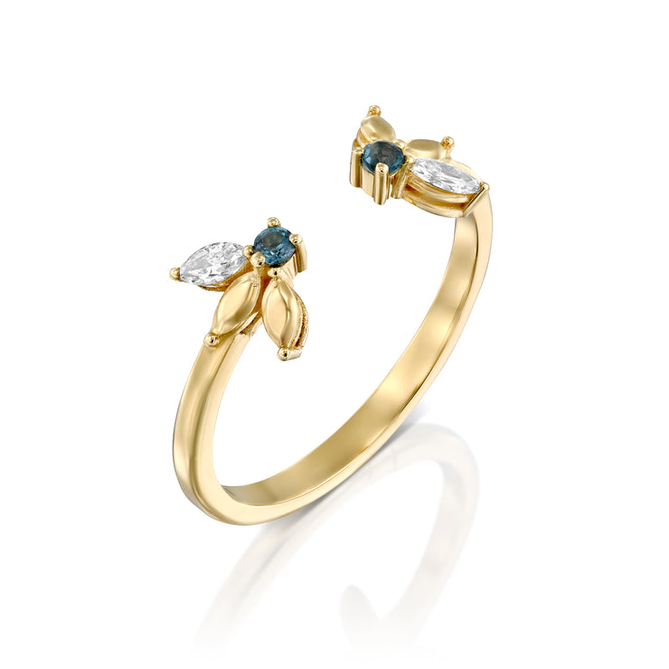 Jeanne Bécu Open Gold Ring With Diamonds & Blue Topaz