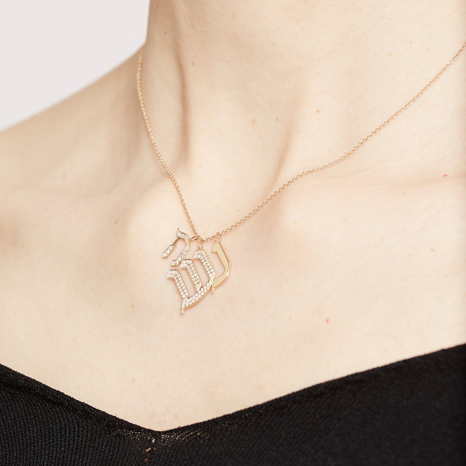 encrusted gold necklace hebrew letter